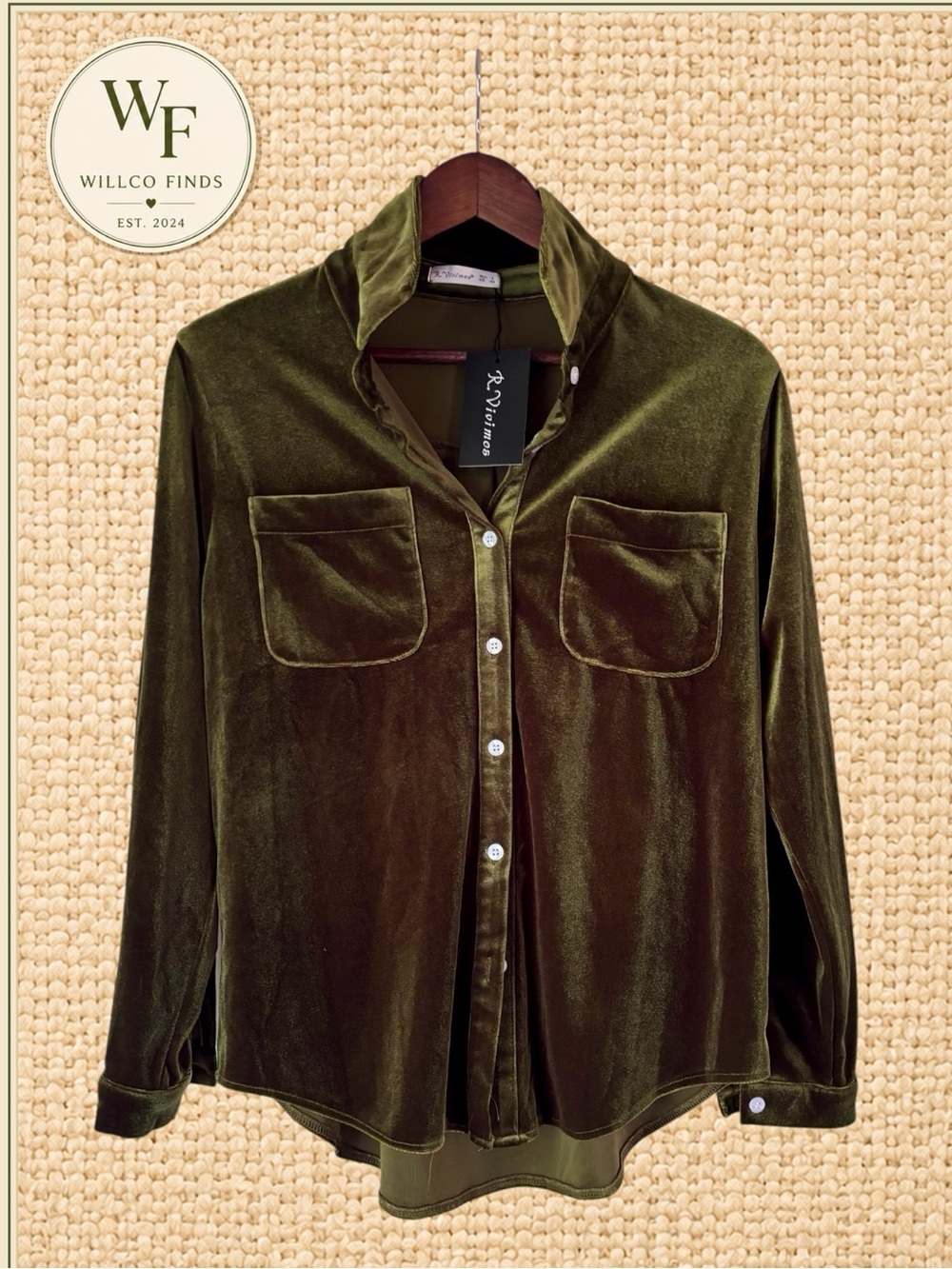NWT R.Vivimos Velvet Button Down Shirt Army Green Small 4/6